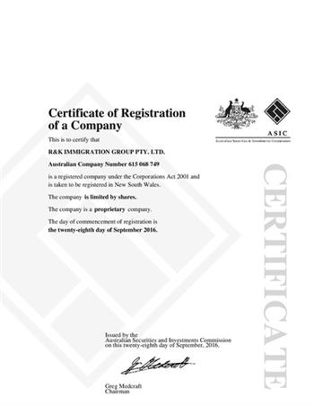 Certificate of registration of a company